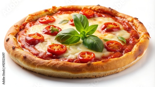 Freshly baked, crispy crust, melted mozzarella cheese, and vibrant red tomato sauce adorn a solitary, perfectly portioned small pizza, isolated on a white background.