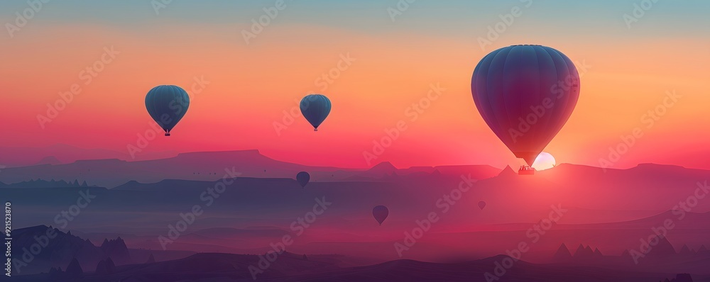 Fototapeta premium Hot Air Balloons Soaring Over a Pink Sunset and Silhouetted Mountain Range