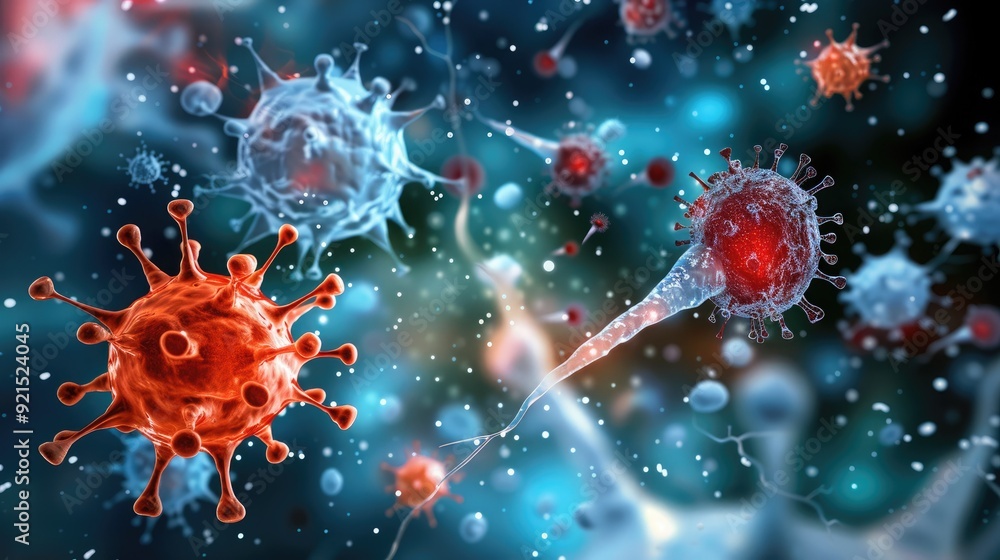 Abstract visualization of viruses and cells in a microscopic environment, depicting the intricate details of cellular structures and pathogens. Abstract visualization of viruses and cells in a microscopic environment, depicting the intricate details of cellular structures and pathogens.