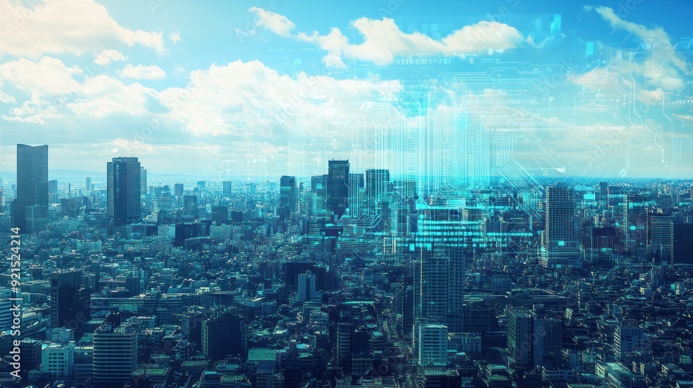 Obraz premium Urban Skyline with Digital Overlays