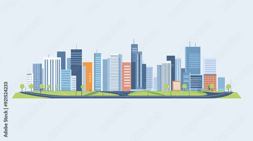 Obraz premium modern city skyline in flat design, featuring minimalist buildings, roads, and parks with clean lines and solid colors