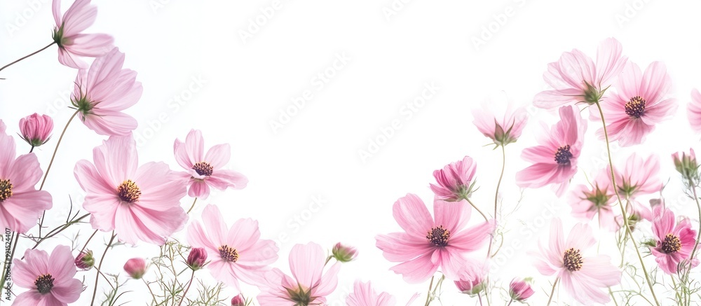 Delicate Pink Cosmos Flowers on a White Background Delicate Pink Cosmos Flowers on a White Background
