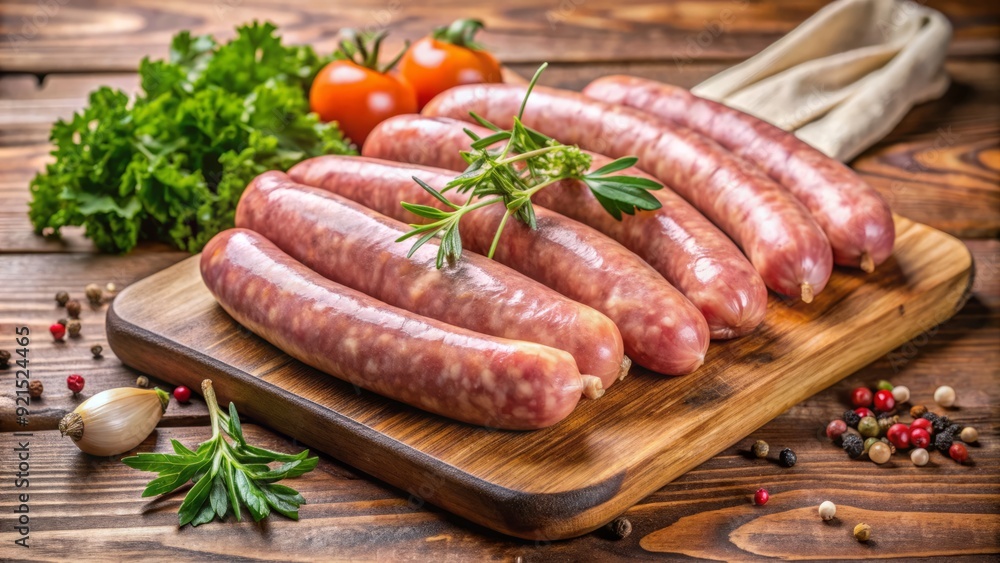 Freshly cut, juicy, and plump raw pork sausages lie arranged on a rustic wooden chopping board, awaiting preparation for a savory culinary delight. Freshly cut, juicy, and plump raw pork sausages lie arranged on a rustic wooden chopping board, awaiting preparation for a savory culinary delight.