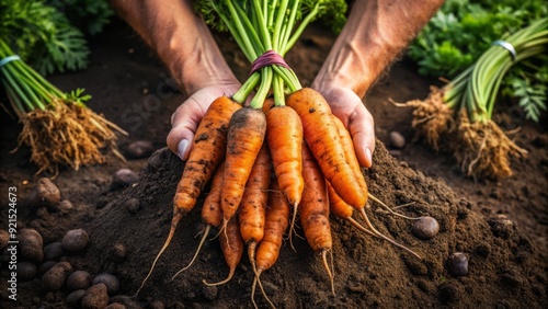 Wallpaper Mural Freshly dug carrots lie scattered on the ground, surrounded by rich soil, with a single hand gently cradling one, symbolizing harvest abundance and nature's bounty. Torontodigital.ca