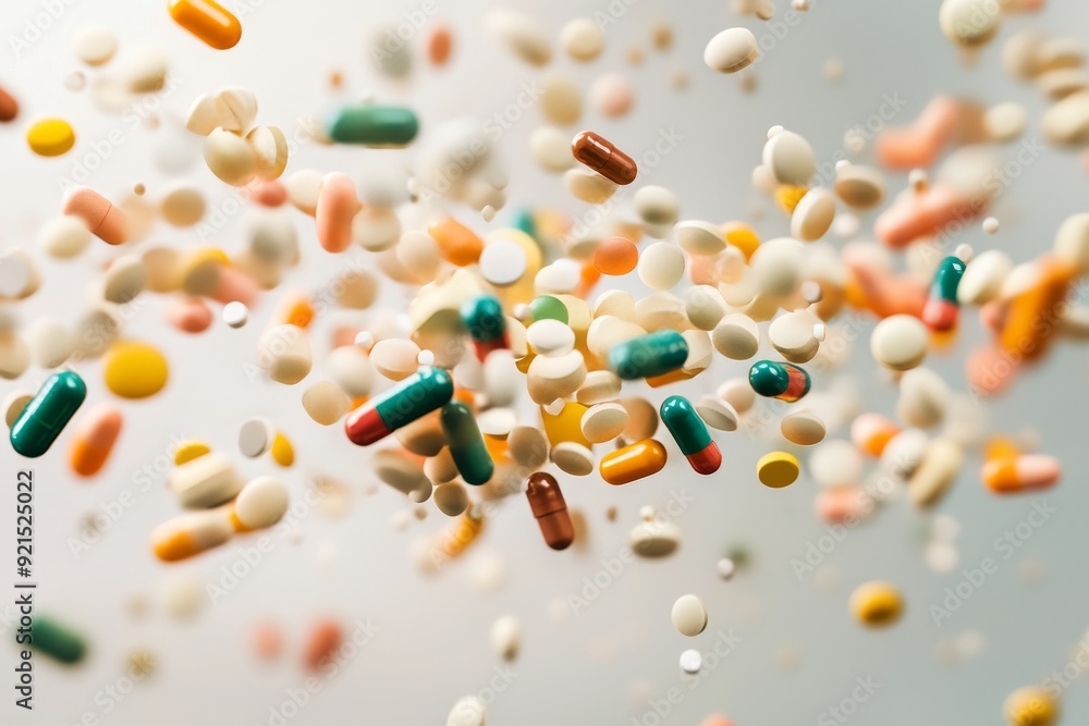Dynamic pharmaceutical research with capsules and tablets projected in mid air Dynamic pharmaceutical research with capsules and tablets projected in mid air