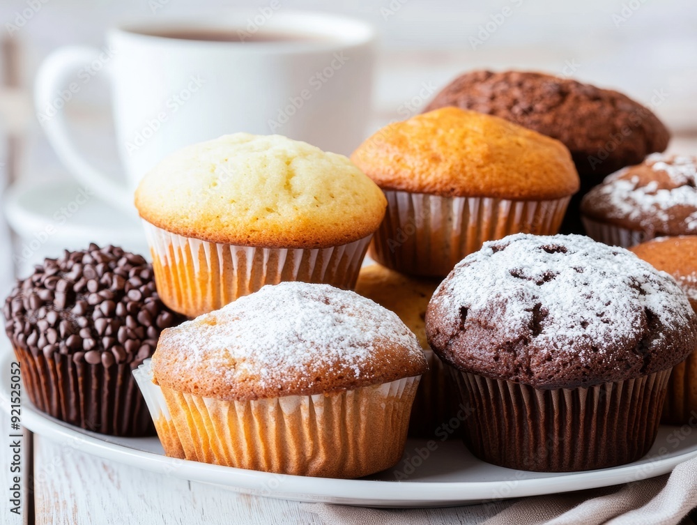 Assorted Muffins and Hot Tea in a Cozy Kitchen Setting Assorted Muffins and Hot Tea in a Cozy Kitchen Setting