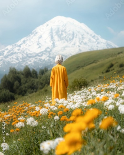 Senior Woman in Yellow Coat Enjoying Blooming Wildflowers in Lush Meadow at Morningtime, Snow-Capped Mountains in Background photo