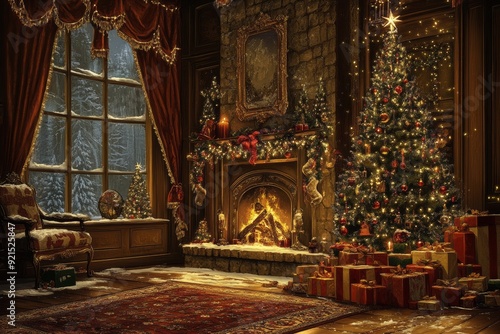 Wallpaper Mural A cozy holiday living room adorned with a beautifully lit Christmas tree and glowing fireplace on a snowy winter evening Torontodigital.ca