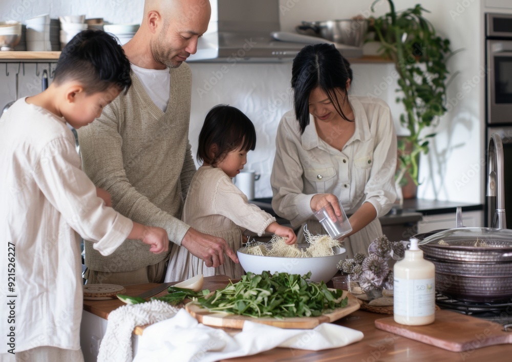 Family Cooking Session Young Asian Parents and Children Preparing Immune-Boosting Meal in Bright, Natural-Lit Kitchen Family Cooking Session Young Asian Parents and Children Preparing Immune-Boosting Meal in Bright, Natural-Lit Kitchen