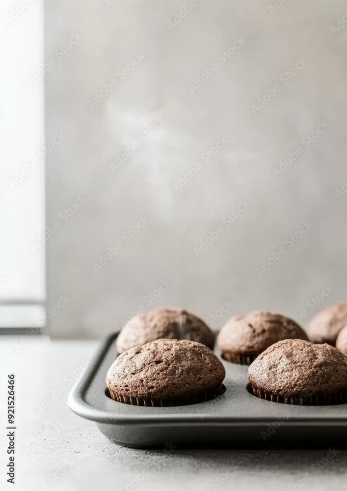 Freshly Baked Chocolate Muffins Cooling in Bright Inviting Kitchen with Warm Steam Rise Freshly Baked Chocolate Muffins Cooling in Bright Inviting Kitchen with Warm Steam Rise