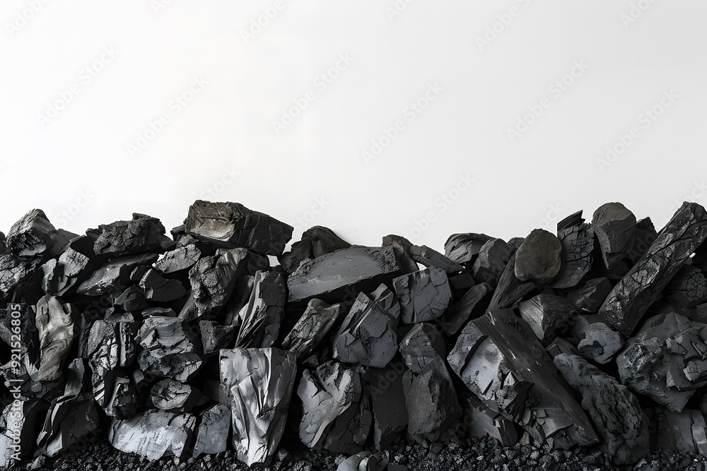 pile of irregular lump charcoal arranged in a row, with ample space above it against a plain pile of irregular lump charcoal arranged in a row, with ample space above it against a plain
