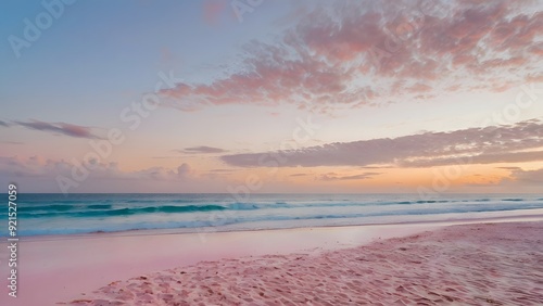 The soft, golden light of dawn illuminates the pastel-pink sands of Pink Sands Beach, creating a subtle, natural color palette that blends harmoniously with the calm turquoise of the ocean and the mor photo