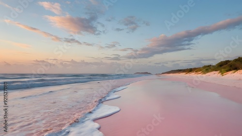 The soft, golden light of dawn illuminates the pastel-pink sands of Pink Sands Beach, creating a subtle, natural color palette that blends harmoniously with the calm turquoise of the ocean and the mor photo