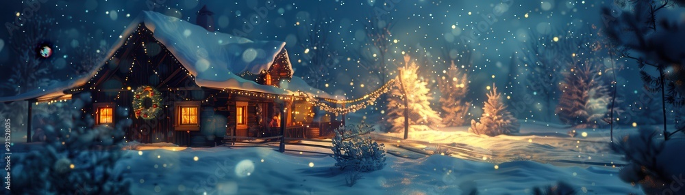 Cozy cabin in a snowy winter landscape, with glowing lights and falling snowflakes, creating a festive and serene atmosphere. Cozy cabin in a snowy winter landscape, with glowing lights and falling snowflakes, creating a festive and serene atmosphere.