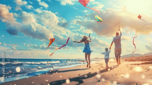 Family enjoying a sunny day at the beach, flying colorful kites with a beautiful ocean view and clear blue sky.