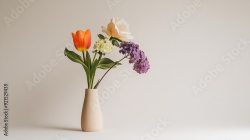 Minimalist Floral Composition with Orange Tulip, Purple Lisianthus, White Hydrangea, Pink Rose in Beige Ceramic Vase Against Soft Gray Background