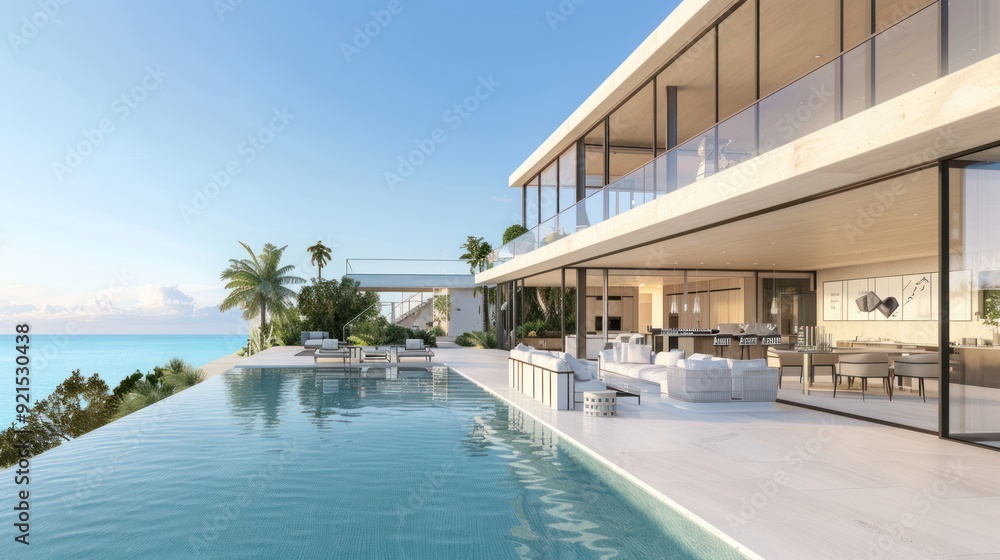 Fototapeta premium Modern Luxury Villa with Infinity Pool Overlooking the Ocean