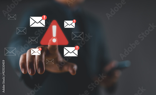 New email notification and internet communication concept, Email inbox alert and spam virus with warning, email security protection alert, email technology icon, junk mail compromised information. photo