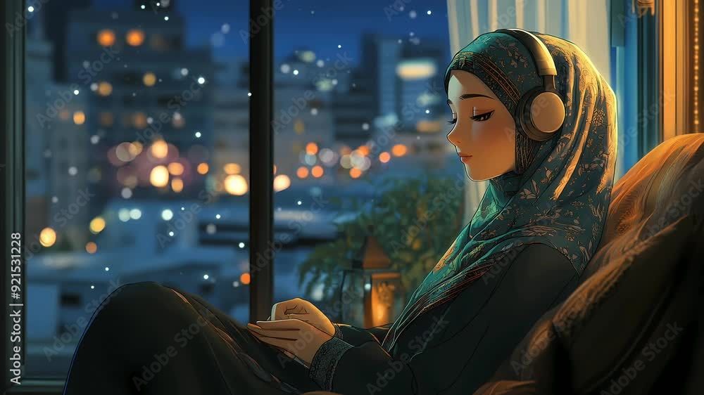 anime style It's a stunning night and a moslem woman wear headphone in the cozy chair and close eye anime style It's a stunning night and a moslem woman wear headphone in the cozy chair and close eye