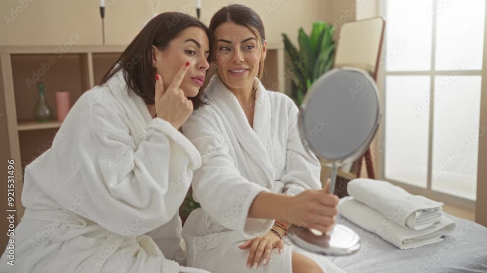 Two women in white robes analyze their reflections in a handheld mirror at a spa, capturing a serene and self-care moment in a cozy, indoor wellness setting. Two women in white robes analyze their reflections in a handheld mirror at a spa, capturing a serene and self-care moment in a cozy, indoor wellness setting.