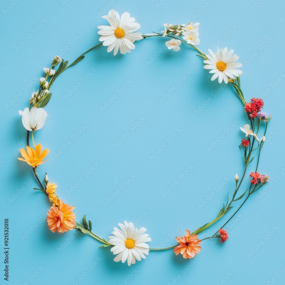 Obraz premium Floral frame with vibrant spring flowers on a pastel blue background, seasonal design 