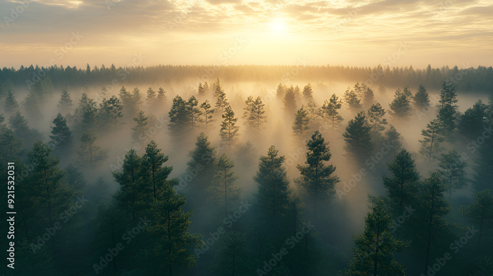 Fototapeta premium paisaje de pinos en el bosque con el sol al alba saliendo al horizonte neblina sobre los arboles al amanecer