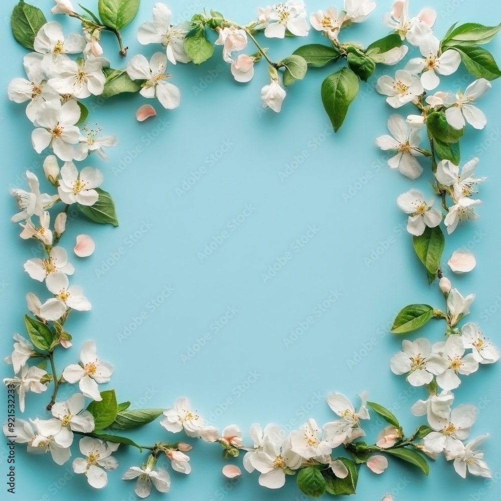 Fototapeta premium Square floral frame with white blossoms and green leaves on pastel blue background, spring design 