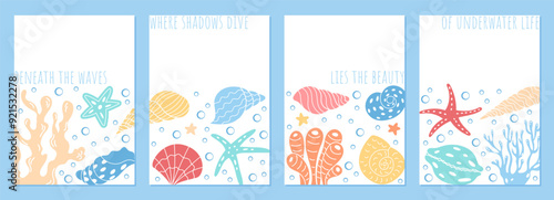 Colorful underwater design set featuring marine creatures and coral reef elements. Vibrant sea shells, starfish, and other ocean life forms depicted in a playful aquatic scene.