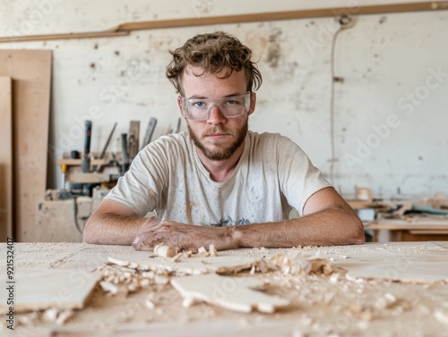 Young White Man Engaged in Woodworking in Workshop, Concentrated and Relaxed, Surrounded by Tools and Wooden Creations, Daytime, Therapeutic Hobbies Concept photo