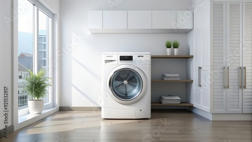 Modern white tumble dryer with transparent glass door and digital display, standing alone in a clean and organized laundry room with white walls.