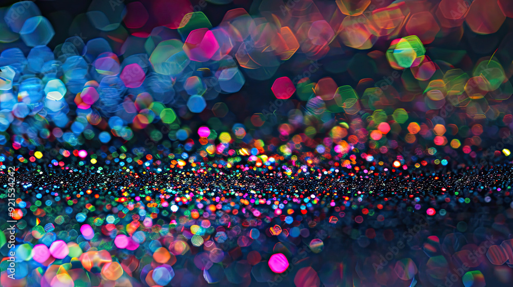 Glittering rainbow particles explode vibrantly, with sparkling highlights against a dark navy background.