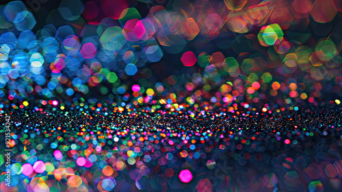 Obraz na płótnie Glittering rainbow particles explode vibrantly, with sparkling highlights against a dark navy background. w salonie