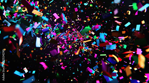 Obraz na płótnie An energetic explosion of neon-colored confetti, creating a striking contrast against a black background. w salonie