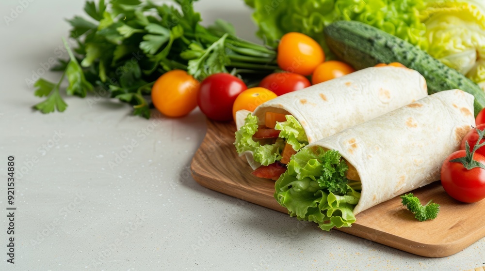 Freshly Harvested Vegetable Burritos on Wooden Cutting Board with Garden Vegetables in Natural Light Freshly Harvested Vegetable Burritos on Wooden Cutting Board with Garden Vegetables in Natural Light