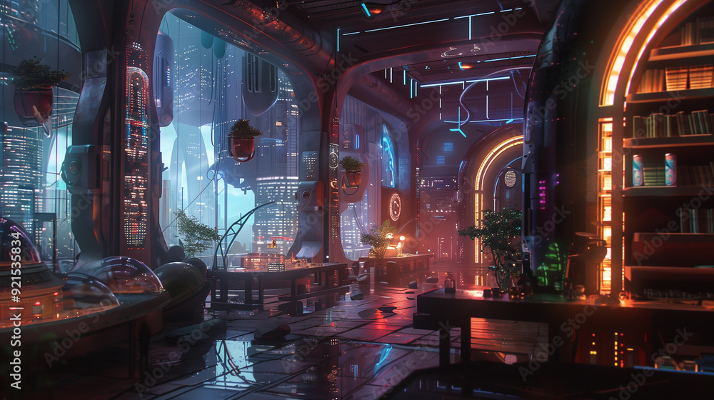A futuristic urban interior with sleek architecture, neon lighting, and large windows overlooking a vibrant cityscape. The space features high-tech elements, floating plants, and a mix of industrial a A futuristic urban interior with sleek architecture, neon lighting, and large windows overlooking a vibrant cityscape. The space features high-tech elements, floating plants, and a mix of industrial a