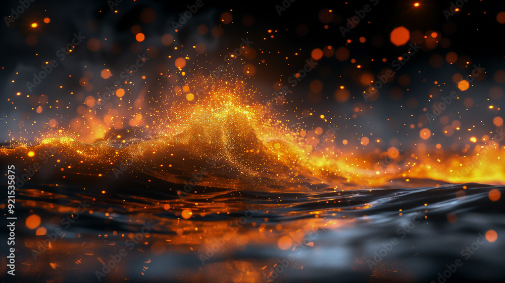 Fiery Abstract Waves with Glowing Orange Sparks on Dark Water.. Fiery Abstract Waves with Glowing Orange Sparks on Dark Water..