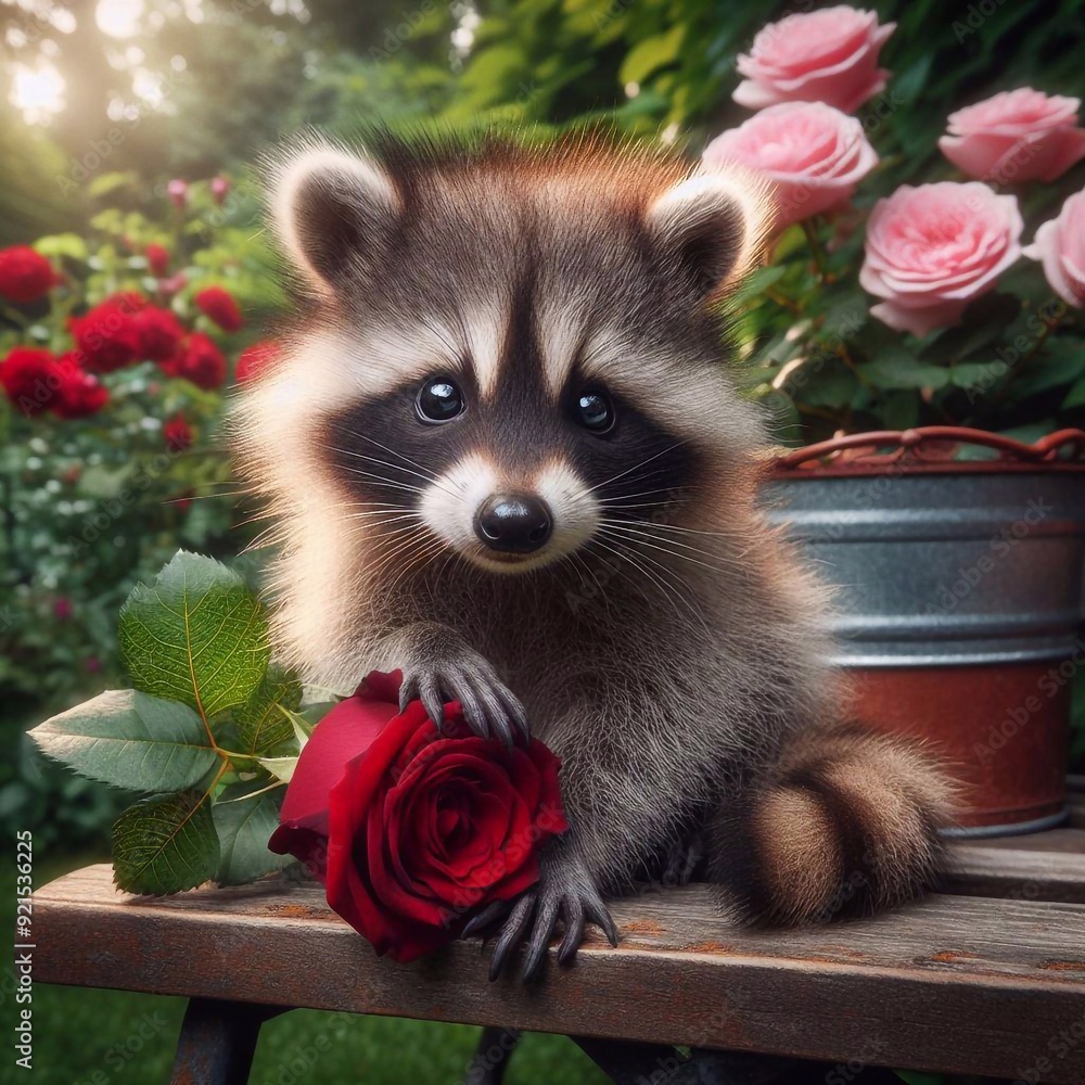 Niedlicher Waschbär im Rosengarten Niedlicher Waschbär im Rosengarten