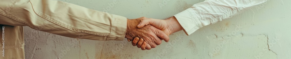 Fototapeta premium Middle-Aged Female Professional Visits Prison, Shakes Hands with Inmate Through Bars, Plain Grey Background, Daytime Scene Embraces Hope and Confinement