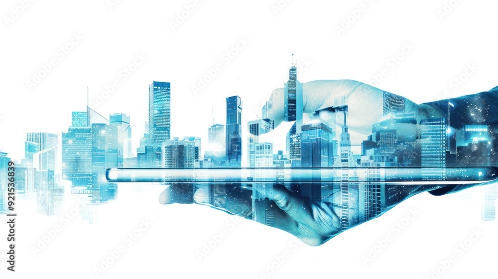 Obraz premium A Hand Holding a Tablet with a Cityscape Double Exposure