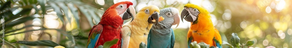 Colorful Parrots Enjoying Festive Picnic in Lush Green Park with Vibrant Decorations and Fruits Colorful Parrots Enjoying Festive Picnic in Lush Green Park with Vibrant Decorations and Fruits