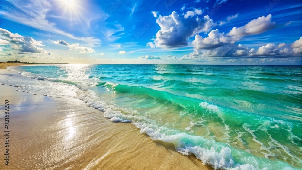 Serenene turquoise ocean waves gently lap against the sandy shoreline, illuminating the clear blue water with subtle sunlight reflections on a warm summer day. Serenene turquoise ocean waves gently lap against the sandy shoreline, illuminating the clear blue water with subtle sunlight reflections on a warm summer day.