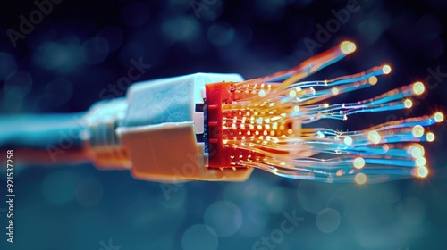 Close-up of illuminated fiber optic cables, showcasing modern technology and high-speed internet connectivity on a blurred background. photo