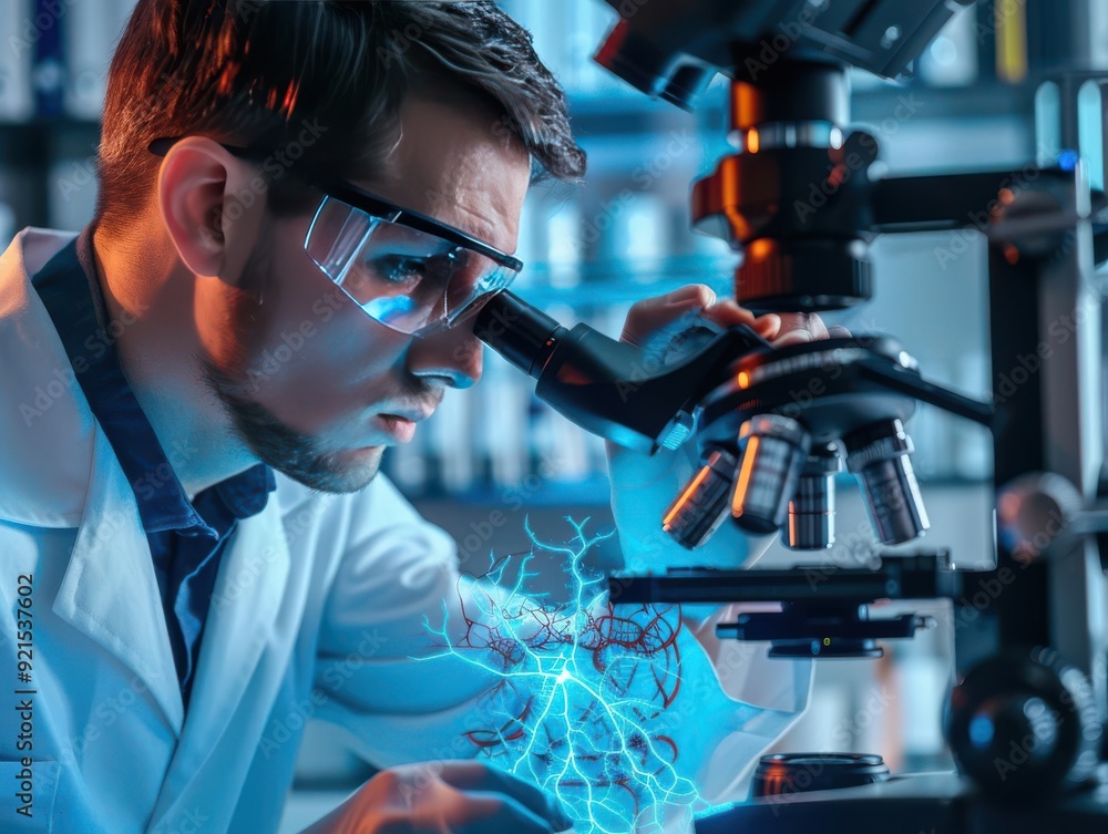 Scientist examines microscopic organism under a laboratory microscope with advanced technology overlay, representing innovation in research. Scientist examines microscopic organism under a laboratory microscope with advanced technology overlay, representing innovation in research.