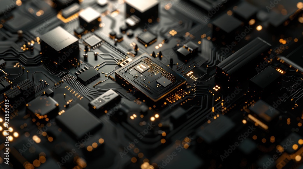Close-up of a black circuit board with glowing gold components Close-up of a black circuit board with glowing gold components