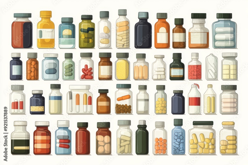 Neat Arrangement of Diverse Medical Bottles and Pills Ideal for Healthcare Facilities Neat Arrangement of Diverse Medical Bottles and Pills Ideal for Healthcare Facilities