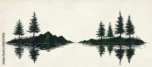 Silhouette of Pine Trees and Mountains Reflected in Water
