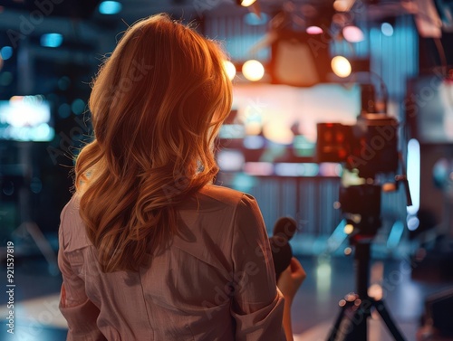 Back view of a woman holding a microphone in a brightly lit TV studio with professional cameras and studio lights.