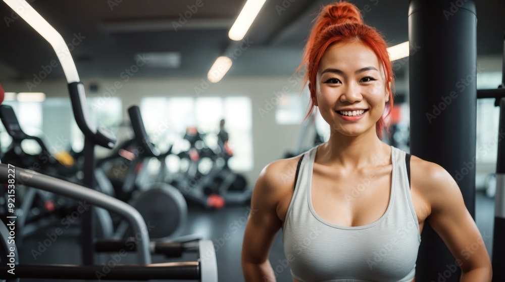 Fototapeta premium Delighted lady working out in fitness gym with exercise equipment blurred 