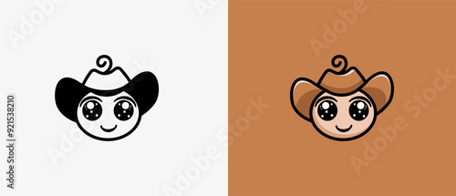 Logo cute baby with cowboy hat in cartoon illustration style, cute baby and cute cowbow logo. Baby fashion, baby party, baby born concept. Editable file photo