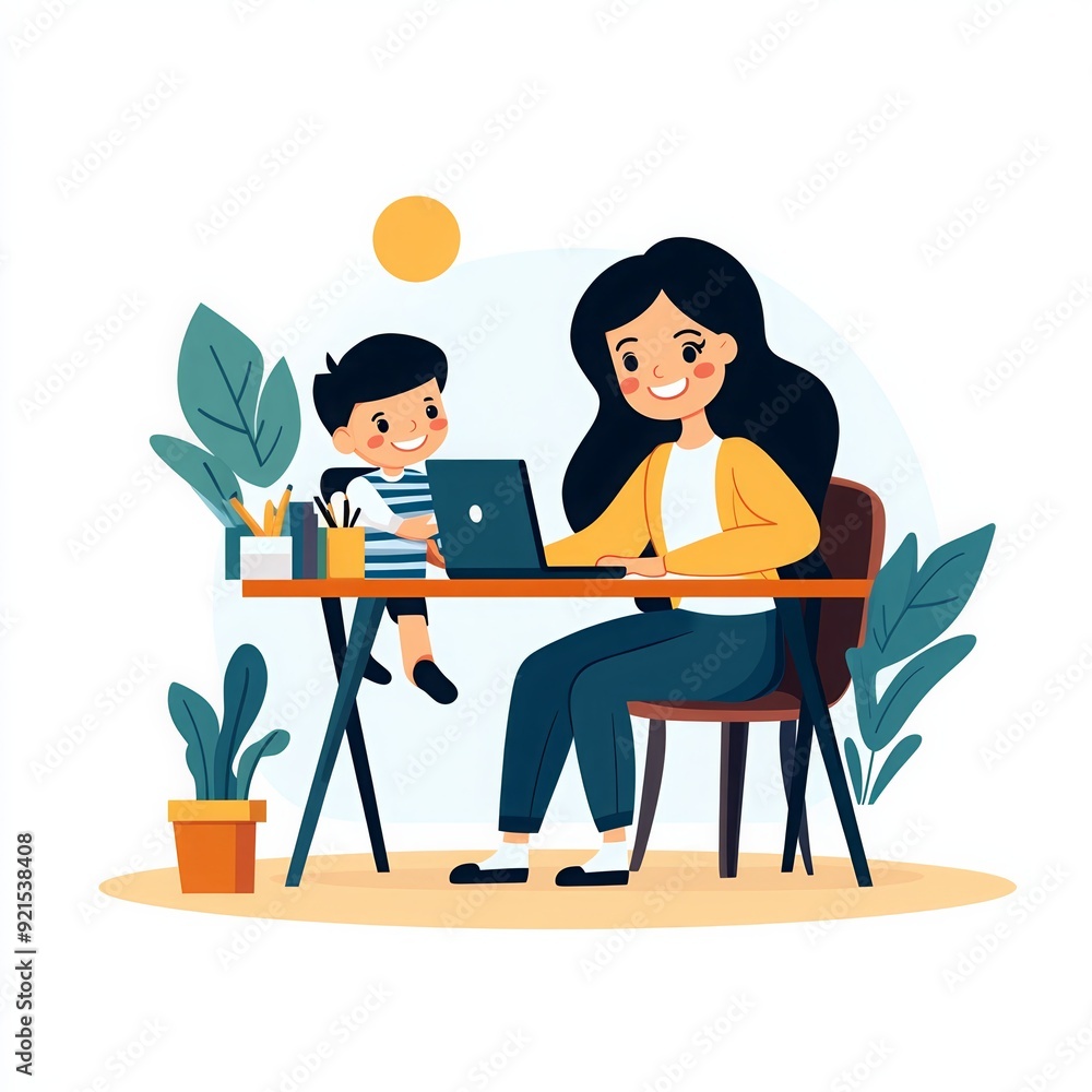 A mother working on a laptop with her young child sitting beside her, surrounded by plants in a cozy home setting. A mother working on a laptop with her young child sitting beside her, surrounded by plants in a cozy home setting.